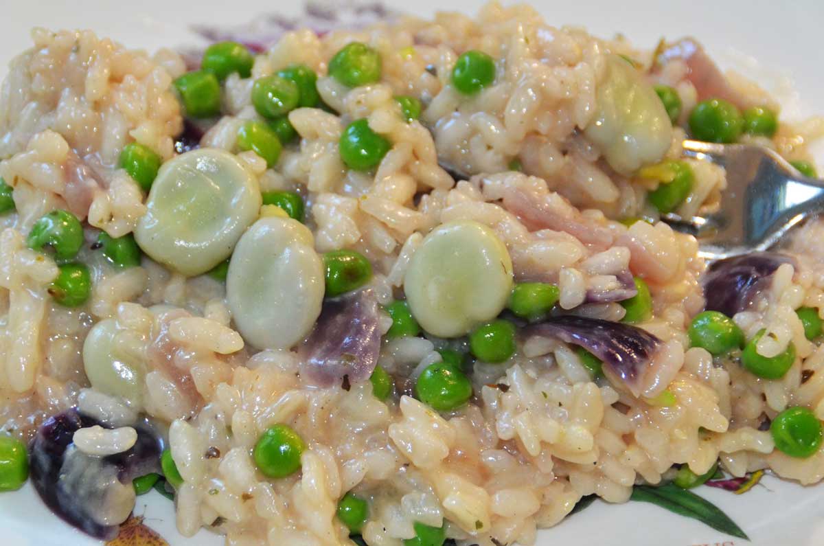 broad beans and peas with risotto rice