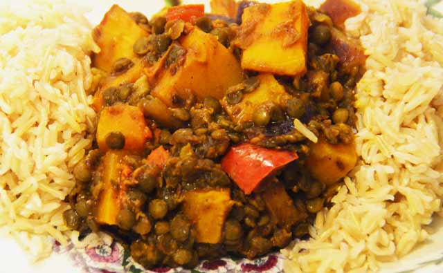 butternut squash curry on a bed of rice