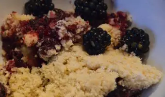 portion of blackberry crumble with whole blackberries