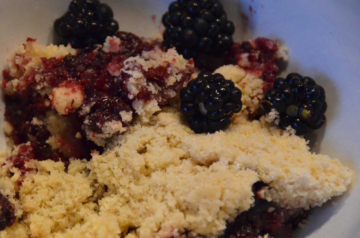 portion of blackberry crumble with whole blackberries