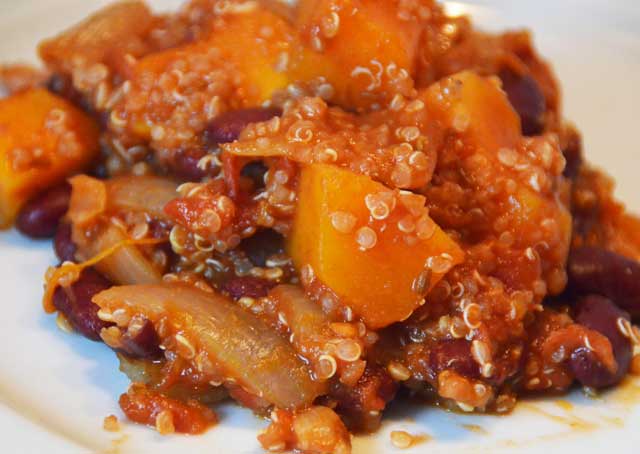 squash and quinoa in a tomato chilli sauce