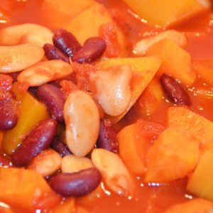 sweet potato with kidney beans and butter beans in a big casserole