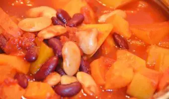 sweet potato with kidney beans and butter beans in a big casserole