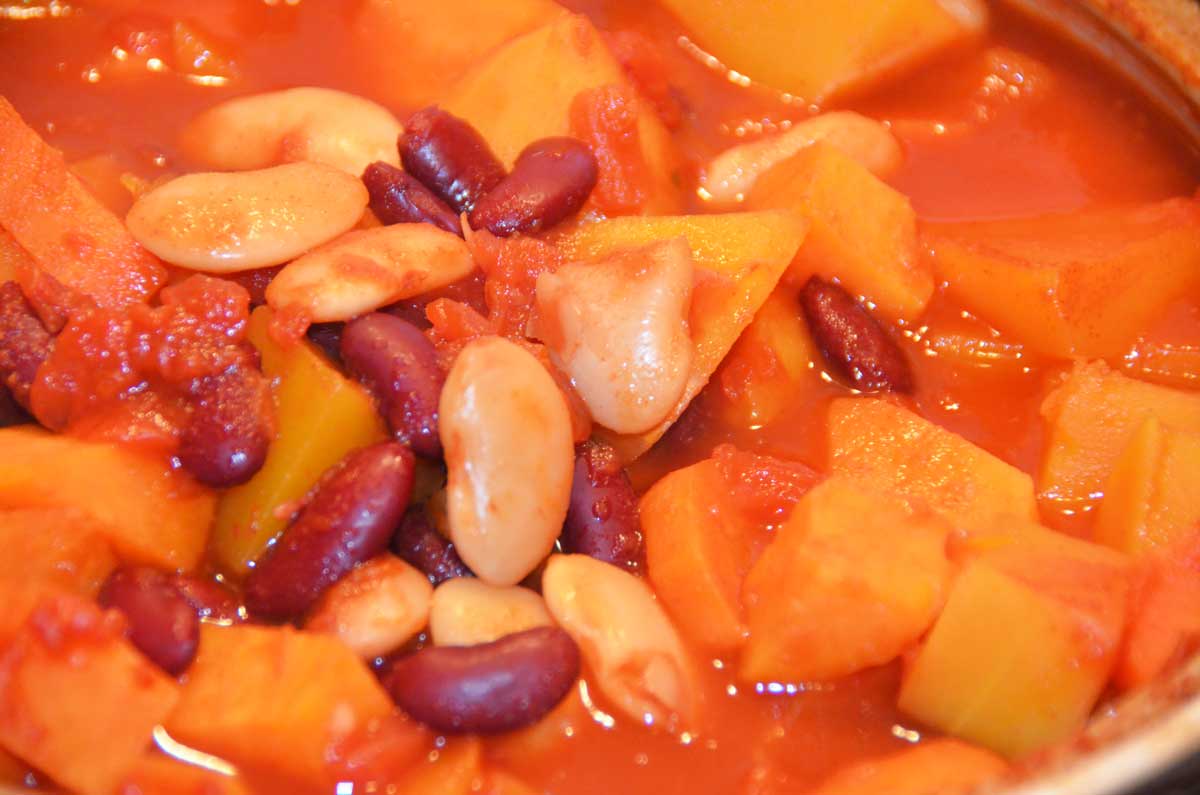 sweet potato with kidney beans and butter beans in a big casserole