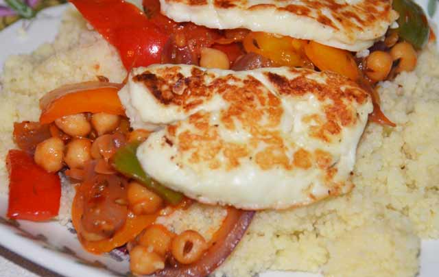 Halloumi and chickpeas on a bed of couscous