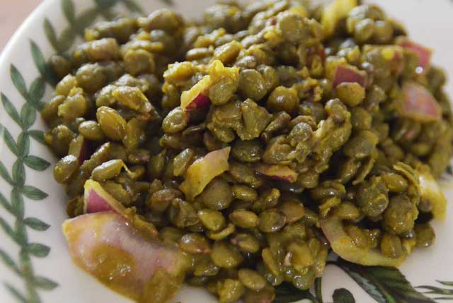 portion of green lentils with onion and sultanas 