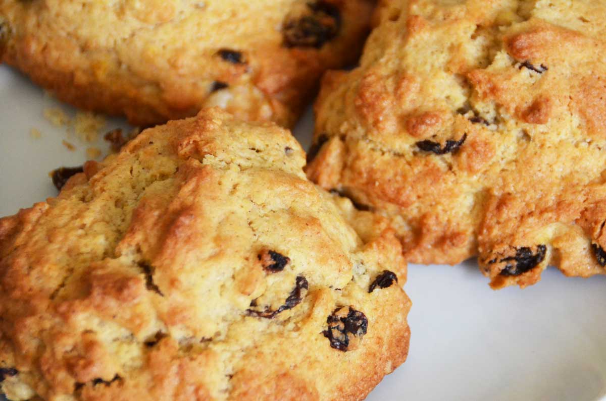 three rock cakes with sultanas on a plate