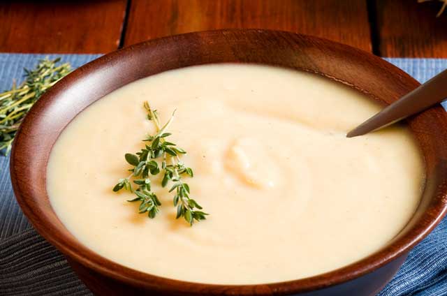 creamy white soup in a bowl