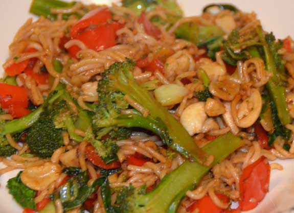 Stir Fry Supper with cashew nuts, pak choi and noodles