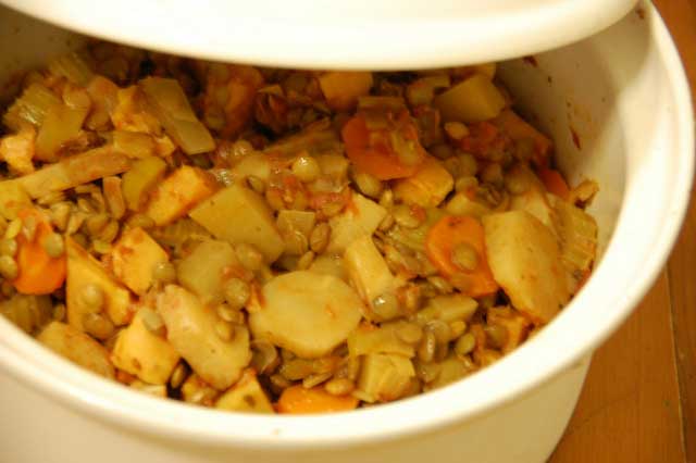 lentils and carrots, sweet potato, parsnip in a casserole