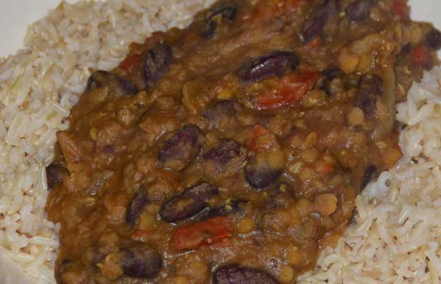 lentils and beans on a bed of rice