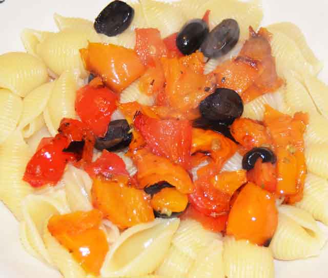 roast peppers and olives on a bed of pasta