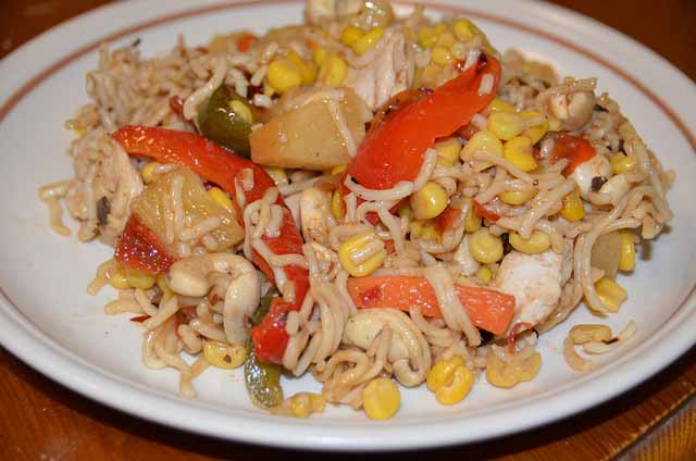 Special Stir Fry with chicken, pineapple, peppers, sweetcorn and noodles