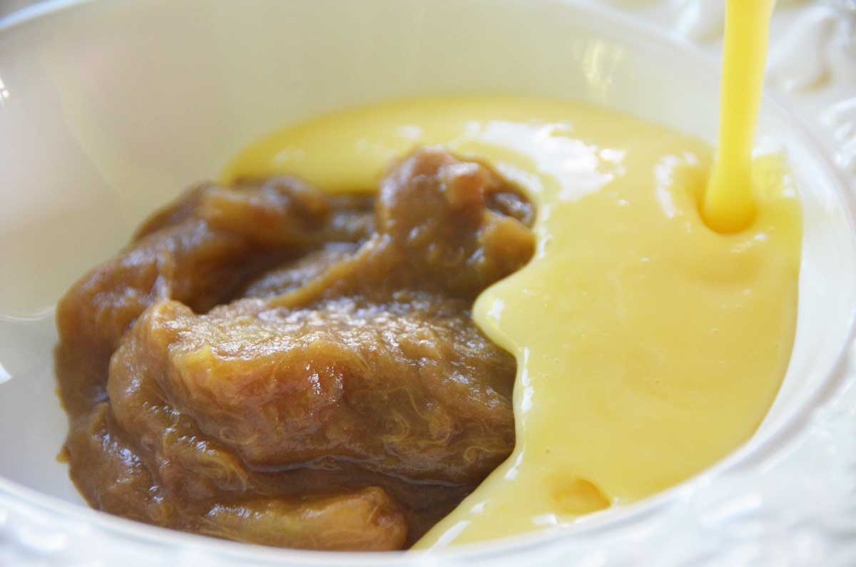 stewed rhubarb with yellow custard being poured on