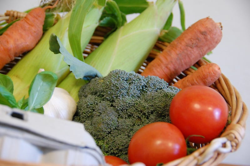 basket of fresh vevegtables including leek and broccoli