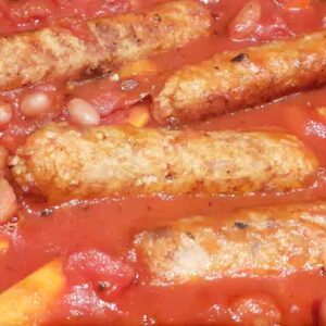 sausages-beans-carrots in tomatoes
